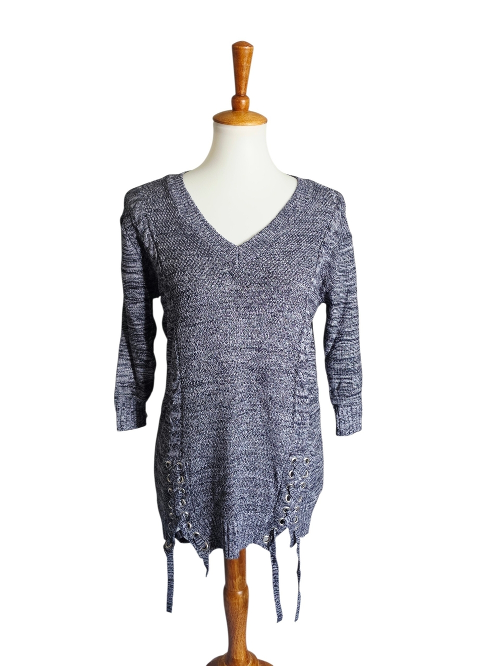 New York & Company Heathered Navy V-Neck Lace-Up Sweater Tunic